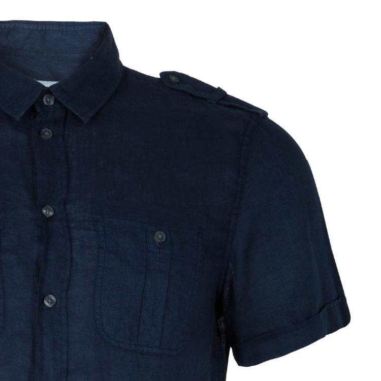 Pre Owned Armani Collezioni Men's Navy Blue Linen Short Sleeve Shirt M