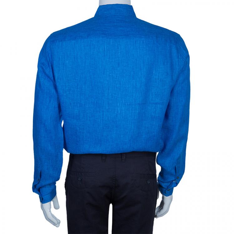 Pre Owned Armani Collezioni Men's Blue Linen Shirt L