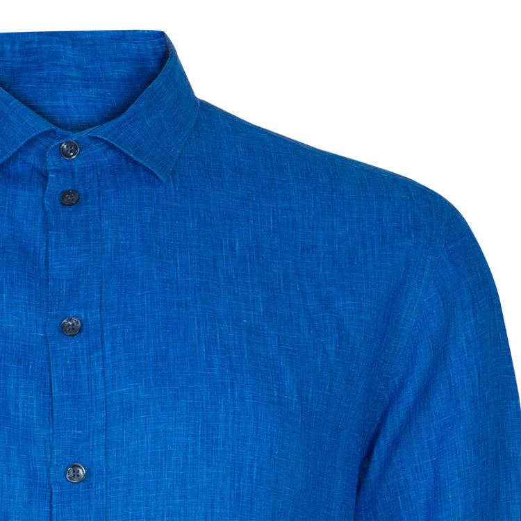 Pre Owned Armani Collezioni Men's Blue Linen Shirt L
