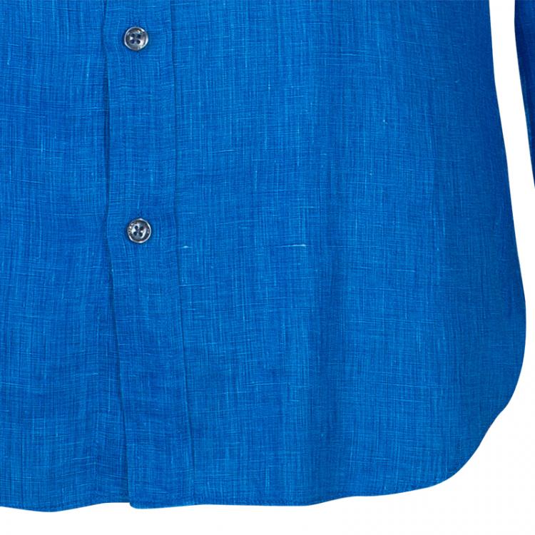 Pre Owned Armani Collezioni Men's Blue Linen Shirt L