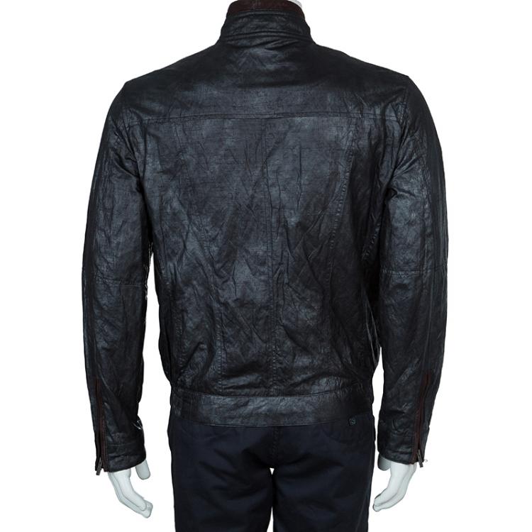 Pre Owned Armani Collezioni Grey Contrast Faux Suede Trim Bomber Jacket L