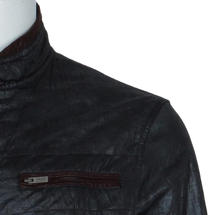 Pre Owned Armani Collezioni Grey Contrast Faux Suede Trim Bomber Jacket L