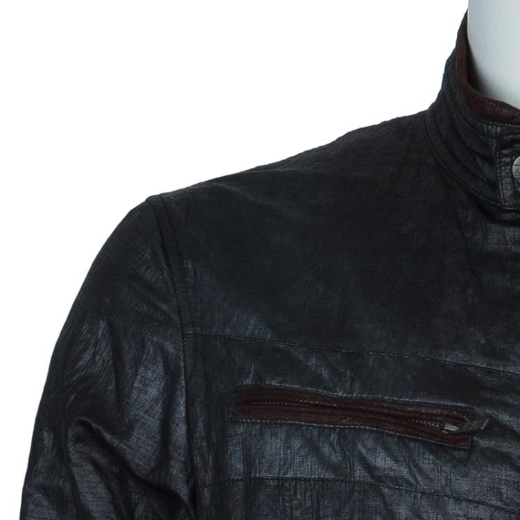 Pre Owned Armani Collezioni Grey Contrast Faux Suede Trim Bomber Jacket L