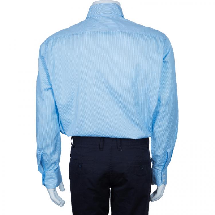 Pre Owned Boss by Hugo Boss Men's Light Blue Striped Shirt XL