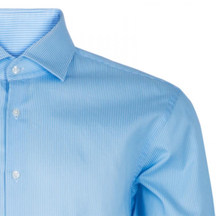 Pre Owned Boss by Hugo Boss Men's Light Blue Striped Shirt XL