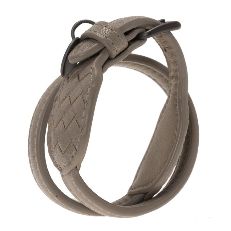 Pre Owned Bottega Veneta Beige Double Wrap Around Intrecciato Leather Bracelet Size XS