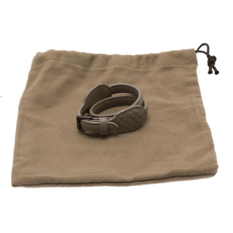 Pre Owned Bottega Veneta Beige Double Wrap Around Intrecciato Leather Bracelet Size XS