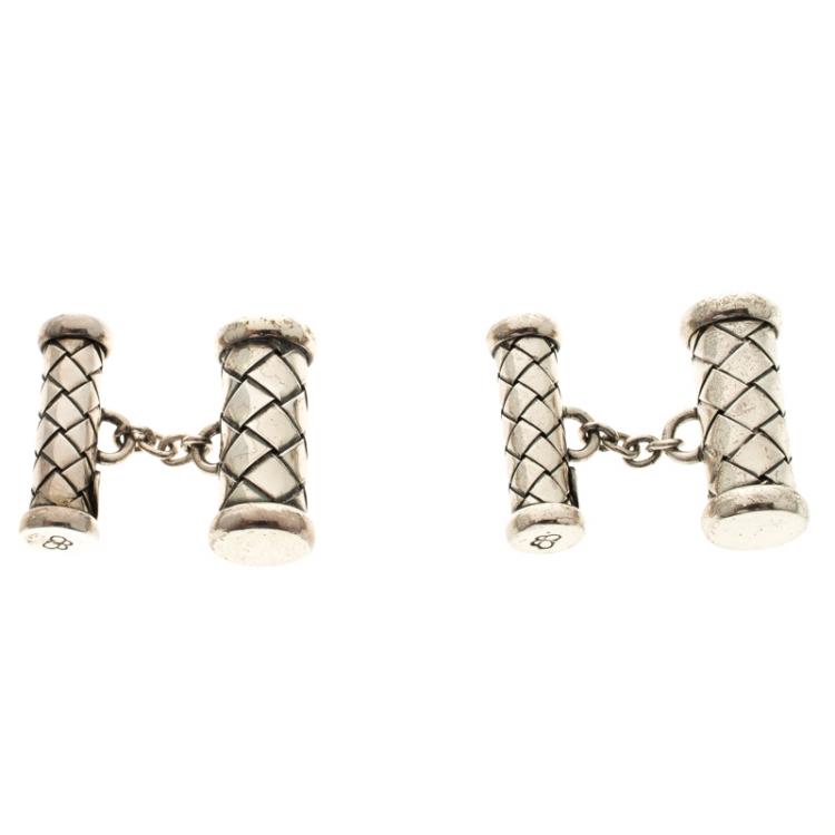Pre Owned Bottega Veneta Intrecciato Silver Cufflinks