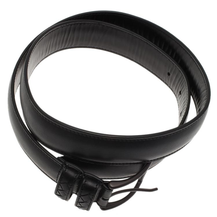 Pre Owned Bottega Veneta Black Leather Intrecciato Loop Belt 95CM