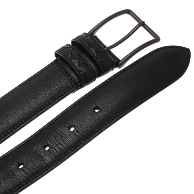 Pre Owned Bottega Veneta Black Leather Intrecciato Loop Belt 95CM