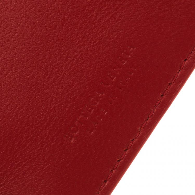 Pre Owned Bottega Veneta Red Leather Intrecciato Card Holder