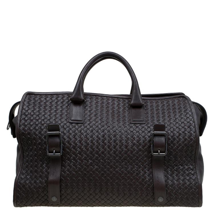Pre Owned Bottega Veneta Brown Intrecciato Woven Leather Duffel Bag