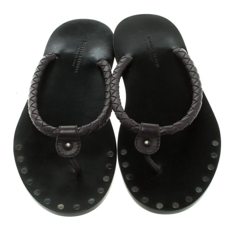 Pre Owned Bottega Veneta Brown Intrecciato Leather Thong Sandals Size 41.5