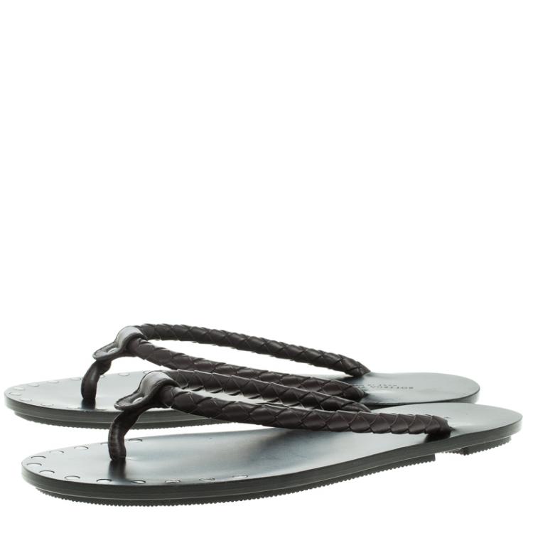 Pre Owned Bottega Veneta Brown Intrecciato Leather Thong Sandals Size 41.5