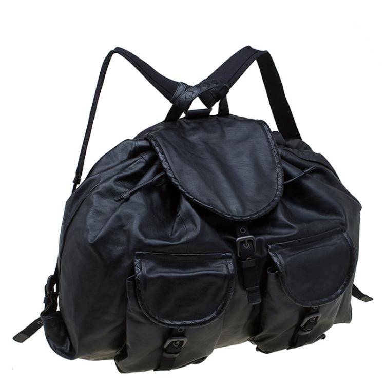 Pre Owned Bottega Veneta Black Leather Drawstring Backpack 