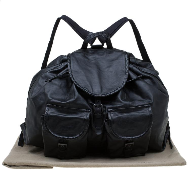 Pre Owned Bottega Veneta Black Leather Drawstring Backpack 