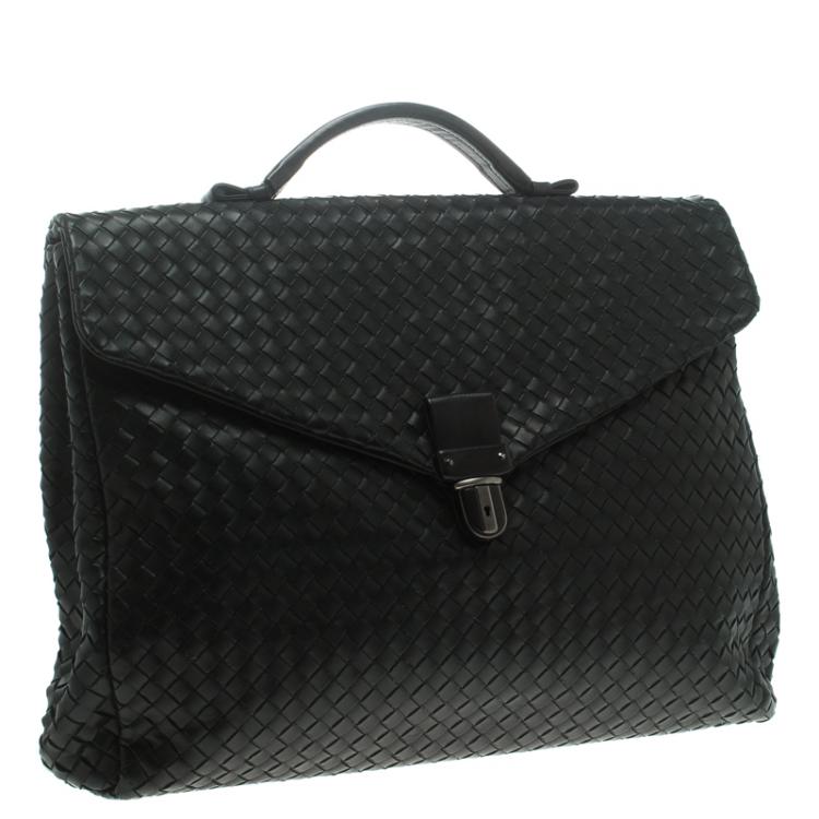 Pre Owned Bottega Veneta Black Intrecciato Leather Briefcase  