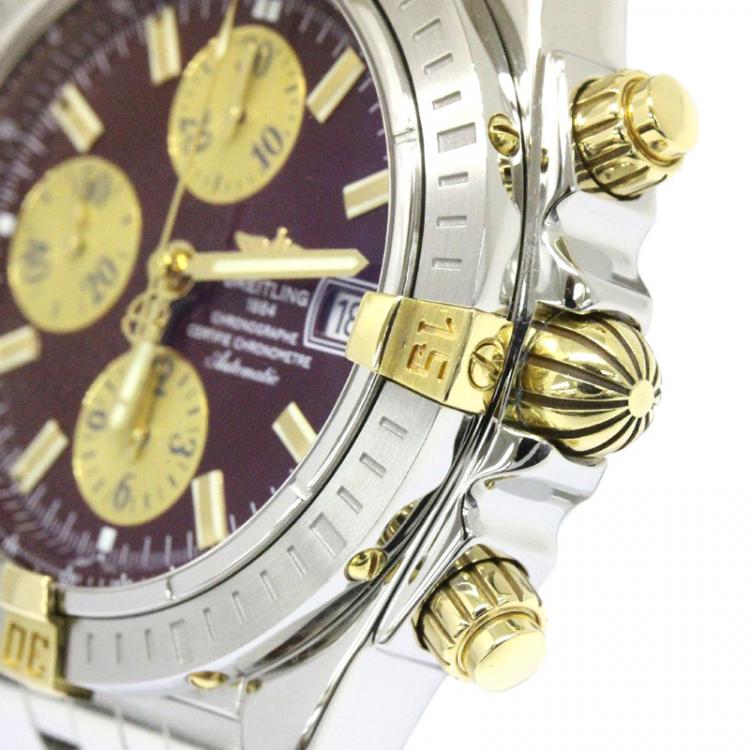 Pre Owned Breitling Purple 18K Yellow Gold and Stainless Steel Chronomat Evolution Men's Wristwatch 44MM