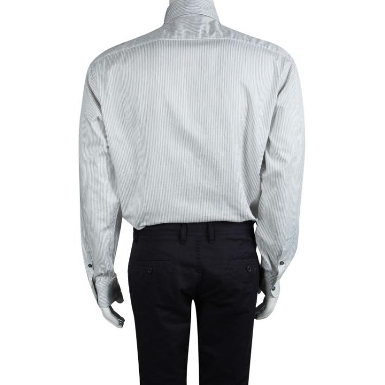 Pre Owned Brioni Whte and Grey Striped Cotton Long Sleeve Button Front Shirt XL