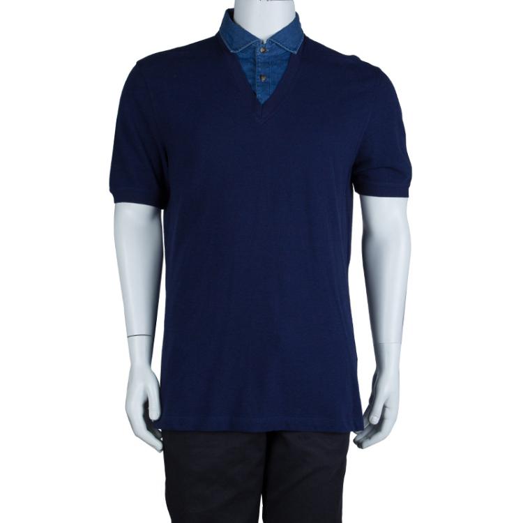 Pre Owned Brunello Cucinelli Blue Mock Shirt Layer Short Sleeve Sweater XXL