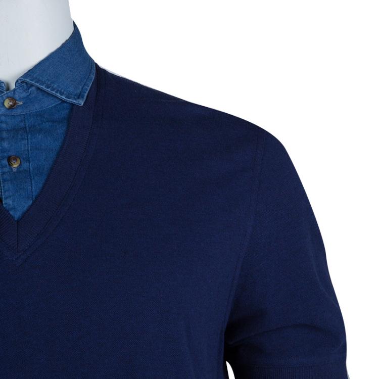 Pre Owned Brunello Cucinelli Blue Mock Shirt Layer Short Sleeve Sweater XXL