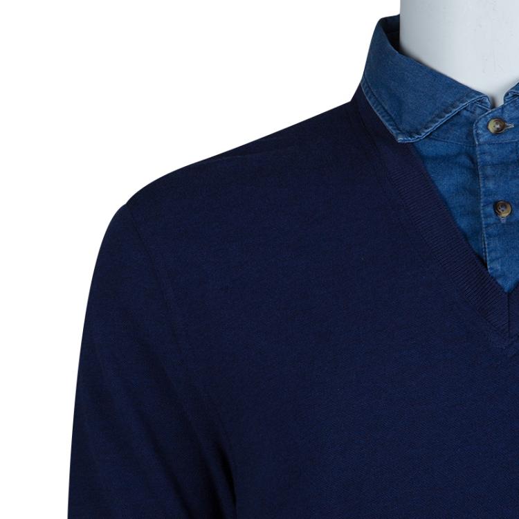 Pre Owned Brunello Cucinelli Blue Mock Shirt Layer Short Sleeve Sweater XXL