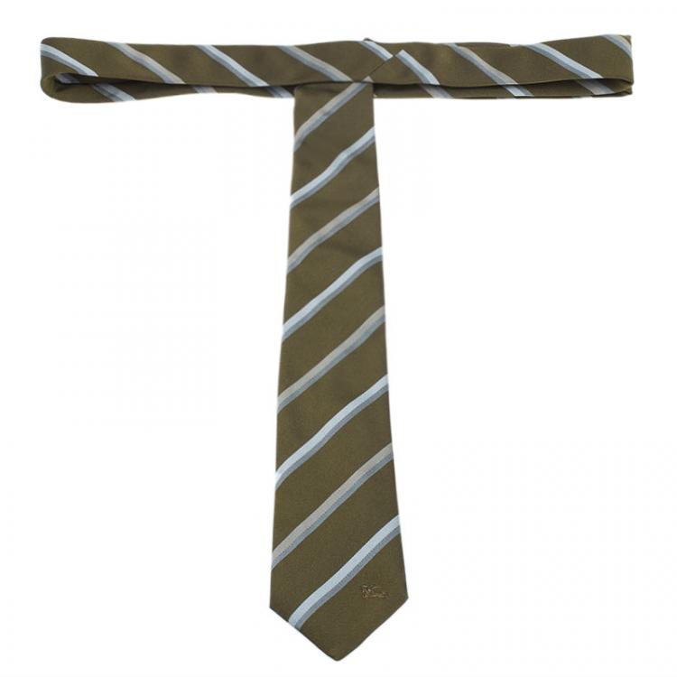 Pre Owned Burberry Olive Green and White Striped Silk Tie