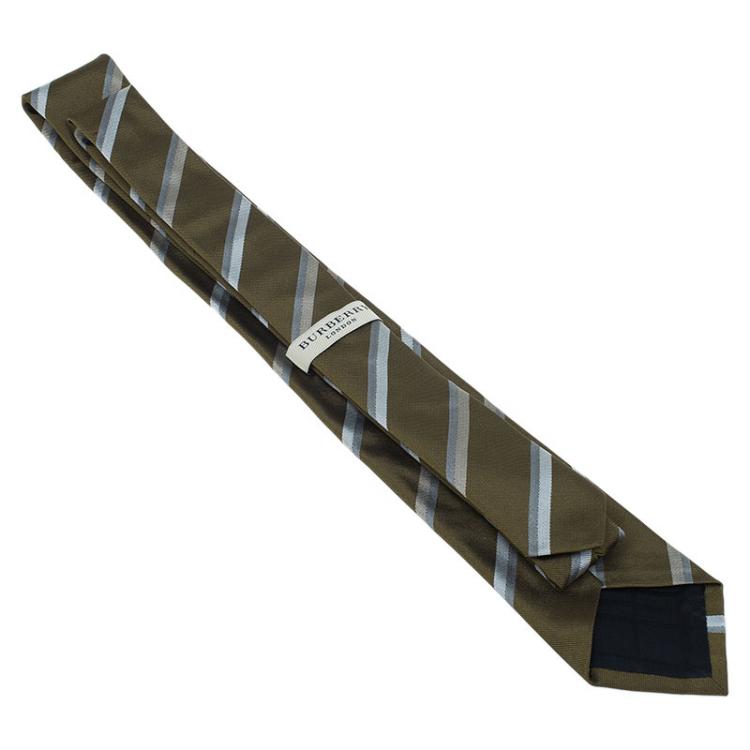 Pre Owned Burberry Olive Green and White Striped Silk Tie