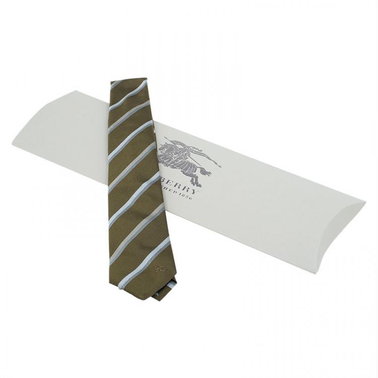 Pre Owned Burberry Olive Green and White Striped Silk Tie