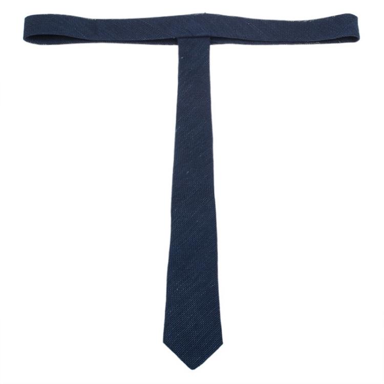 Pre Owned Burberry Navy Blue Woven Silk and Linen Blend Tie