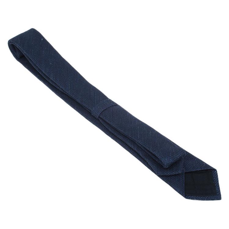 Pre Owned Burberry Navy Blue Woven Silk and Linen Blend Tie