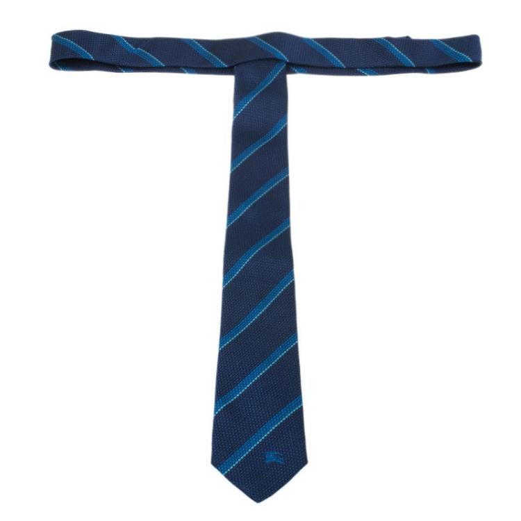 Pre Owned Burberry Two Tone Blue Striped Silk Tie