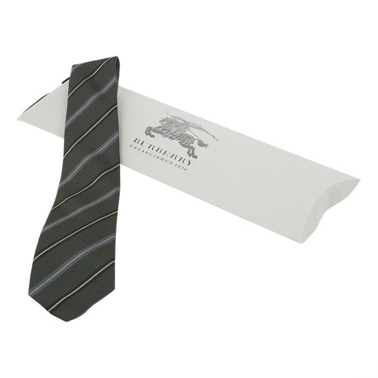 Pre Owned Burberry Olive Green Striped Silk Tie