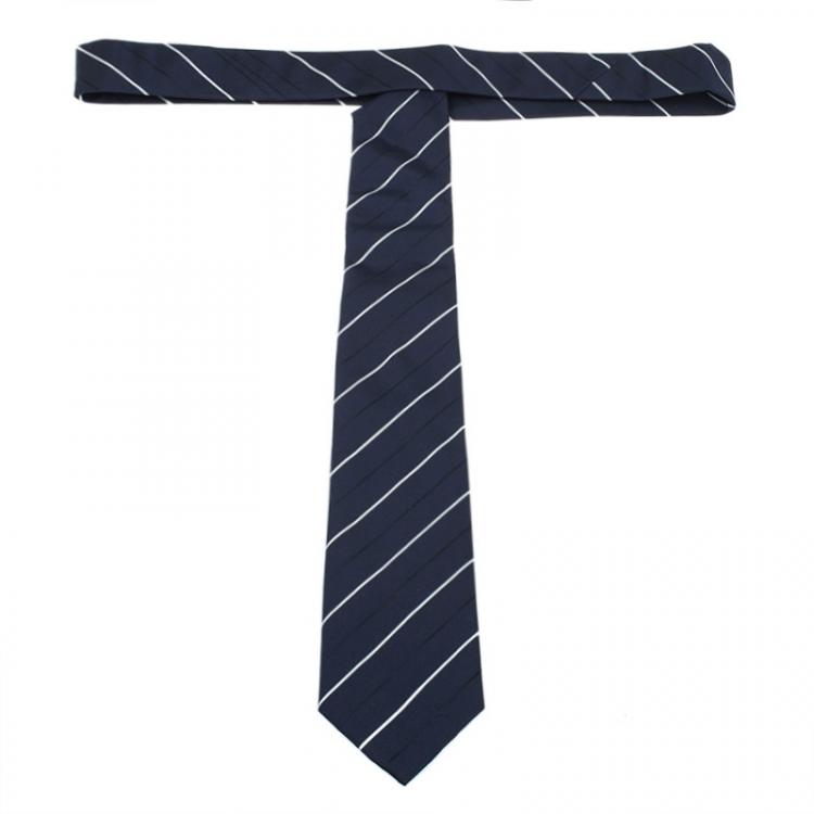Pre Owned Burberry Navy Blue and White Striped Silk Tie