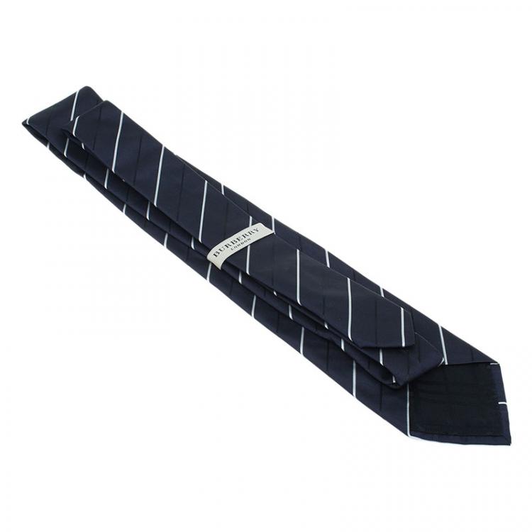 Pre Owned Burberry Navy Blue and White Striped Silk Tie