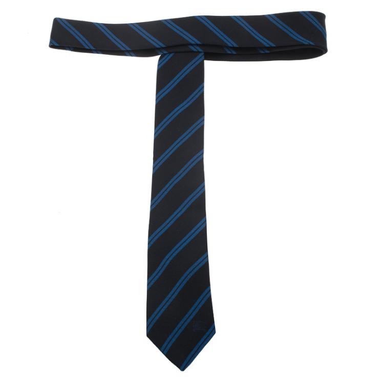 Pre Owned Burberry Navy Blue Striped Silk Tie