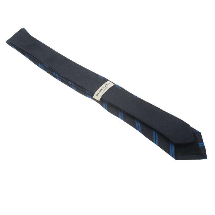 Pre Owned Burberry Navy Blue Striped Silk Tie