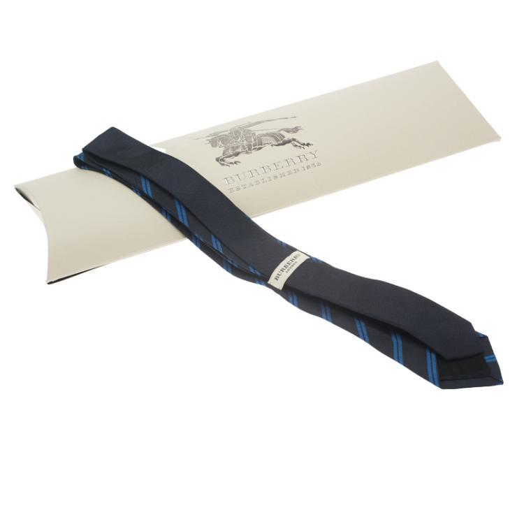 Pre Owned Burberry Navy Blue Striped Silk Tie