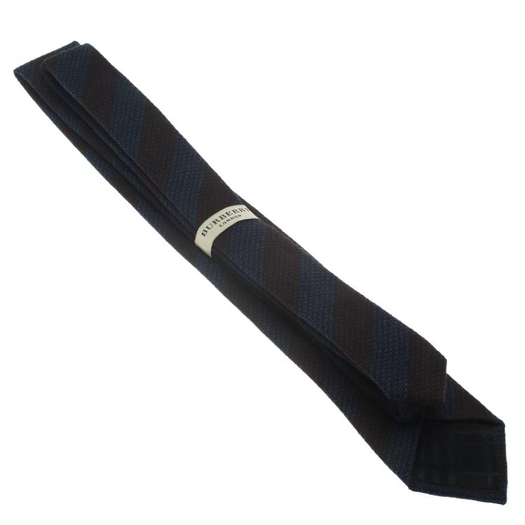 Pre Owned Burberry Blue and Brown Striped Wool and Silk Tie