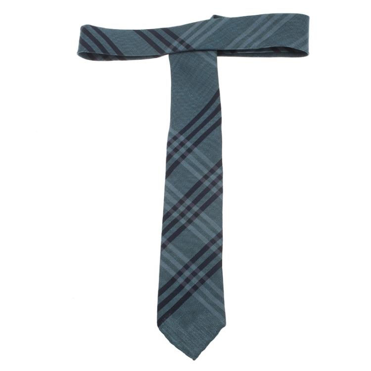 Pre Owned Burberry Blue Novacheck Silk and Linen Tie