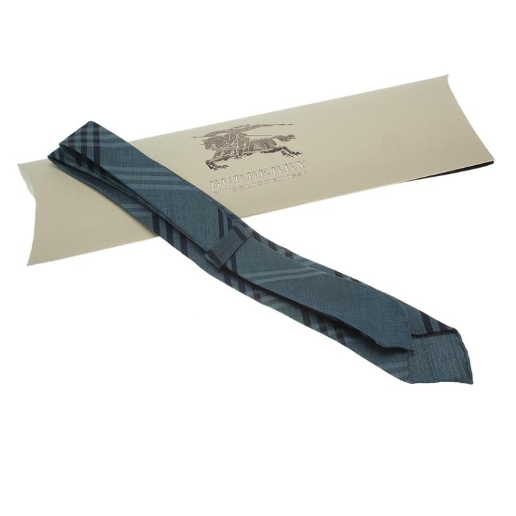 Pre Owned Burberry Blue Novacheck Silk and Linen Tie