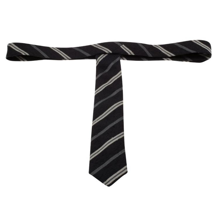 Pre Owned Burberry Black and Grey Striped Silk Tie