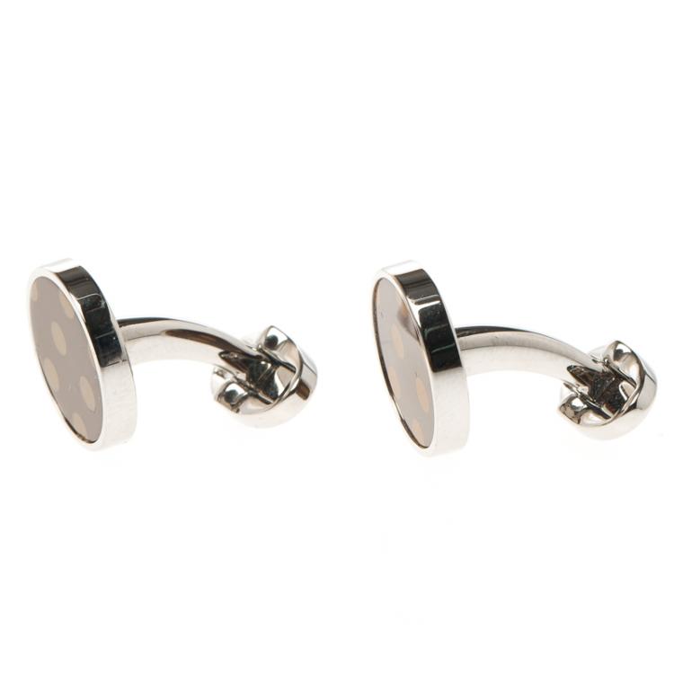 Pre Owned Burberry Burgundy & Orange Polka Dot Enamel Silver Tone Round Cufflinks