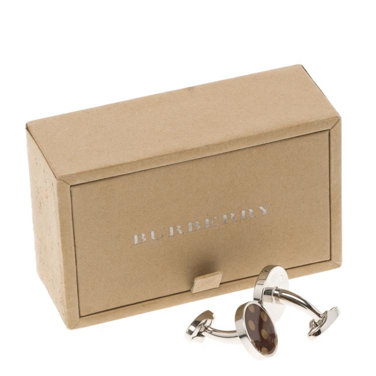 Pre Owned Burberry Burgundy & Orange Polka Dot Enamel Silver Tone Round Cufflinks