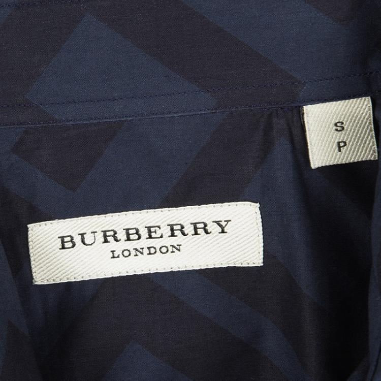 Pre Owned Burberry London Deep Teal Blue Geometric Printed Long Sleeve Cotton Shirt S
