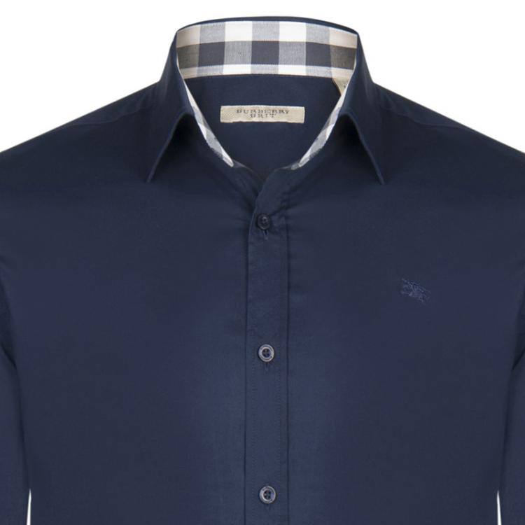 Pre Owned Burberry Brit Navy Blue Novacheck Detail Cotton Shirt XXL