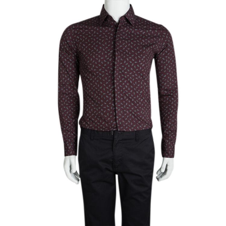 Pre Owned Burberry London Burgundy Leaf Printed Long Sleeve Button Front Shirt S