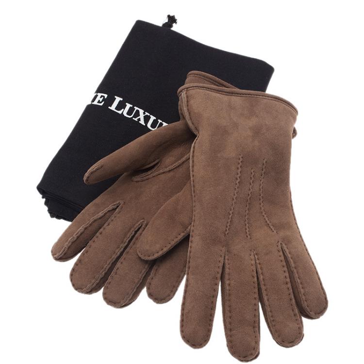 Pre Owned Burberry Brown Shearling Luca Gloves Size 8