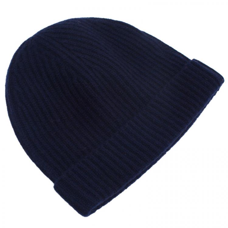 Pre Owned Burberry Navy Blue Cashmere Rib Knit Beanie