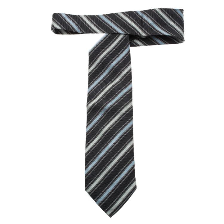 Pre Owned Burberry Grey Striped Silk Tie